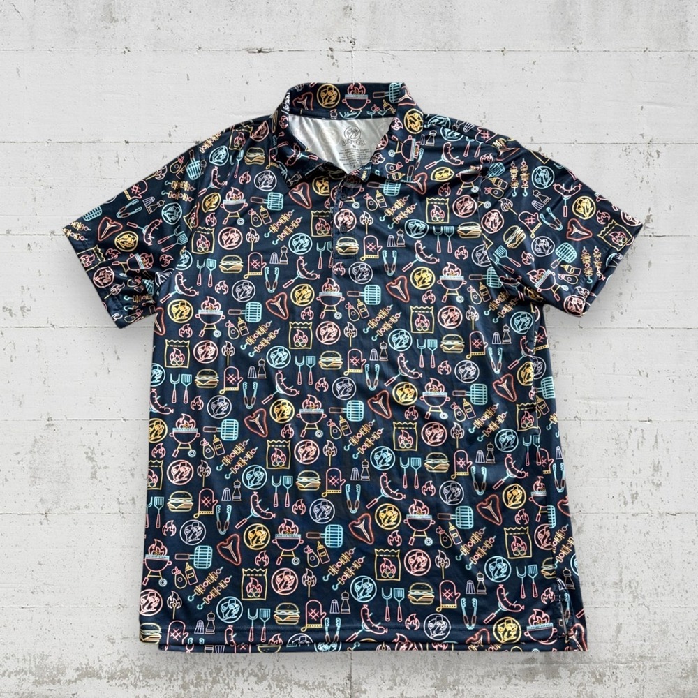 Buc-ees BBQ Golf Polo Blue Neon Light Grilling Sz M